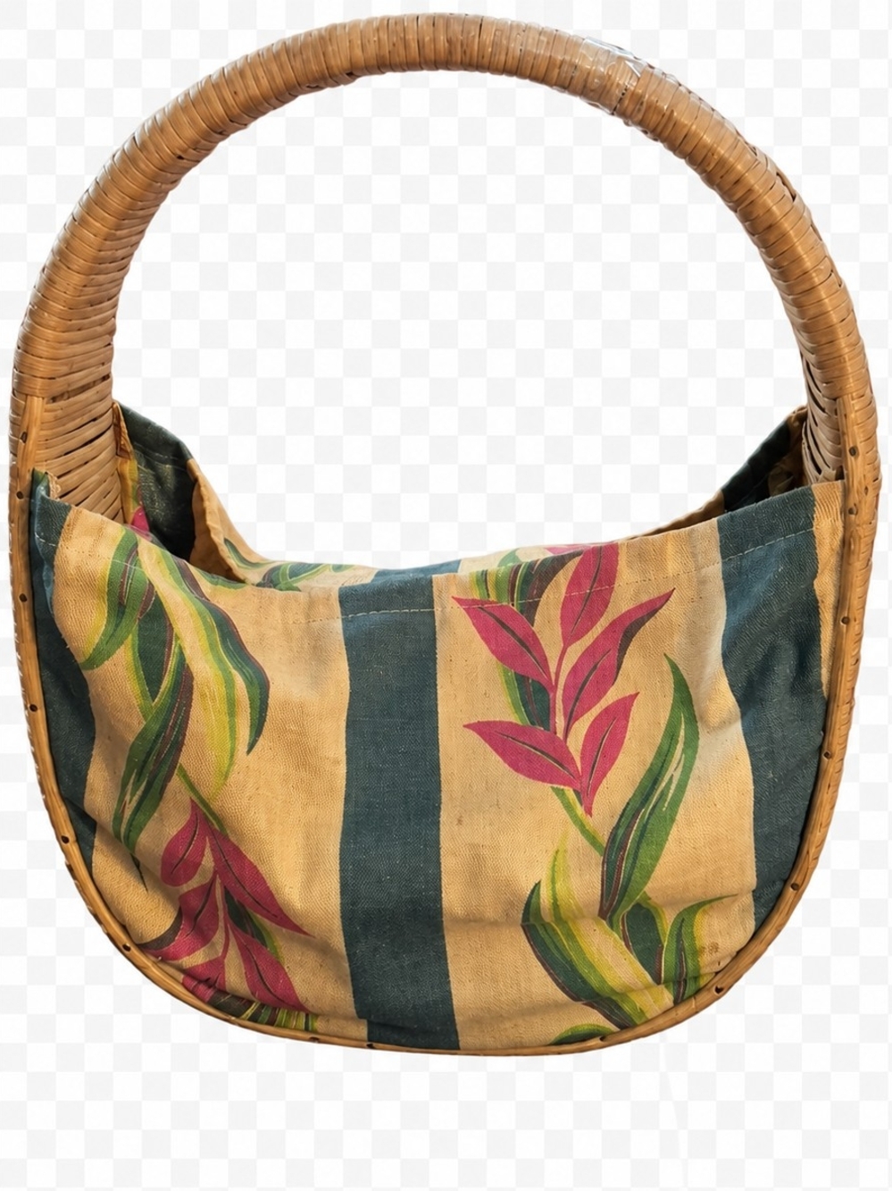 Floral Canvas Tote with Rattan Handle in Teal Mid-century Miami Beach